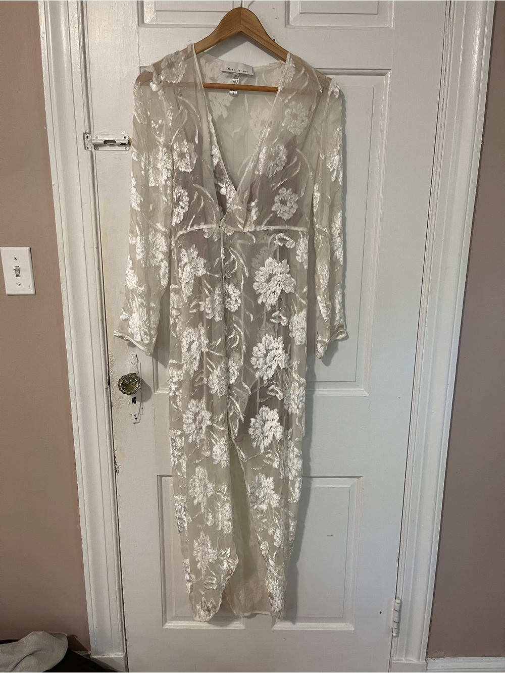Fleur du Mal Ivory Sheer Floral Embroidered Maxi Wrap Dress